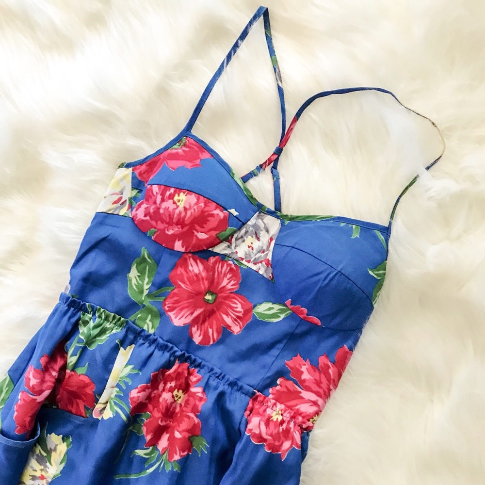 Blue and Pink Floral Dress with Pockets